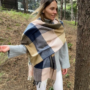 Plaid blanket scarf- buffalo plaid Flannel wrap shawl russet orange navy blue mustard-men&#39;s-women&#39;s blanket scarf-2025 winter fashion Turkey