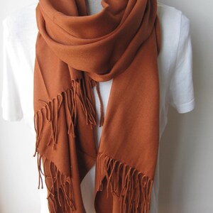 May include: A rust-colored pashmina scarf with long fringe tassels. The scarf is draped around a white shirt.