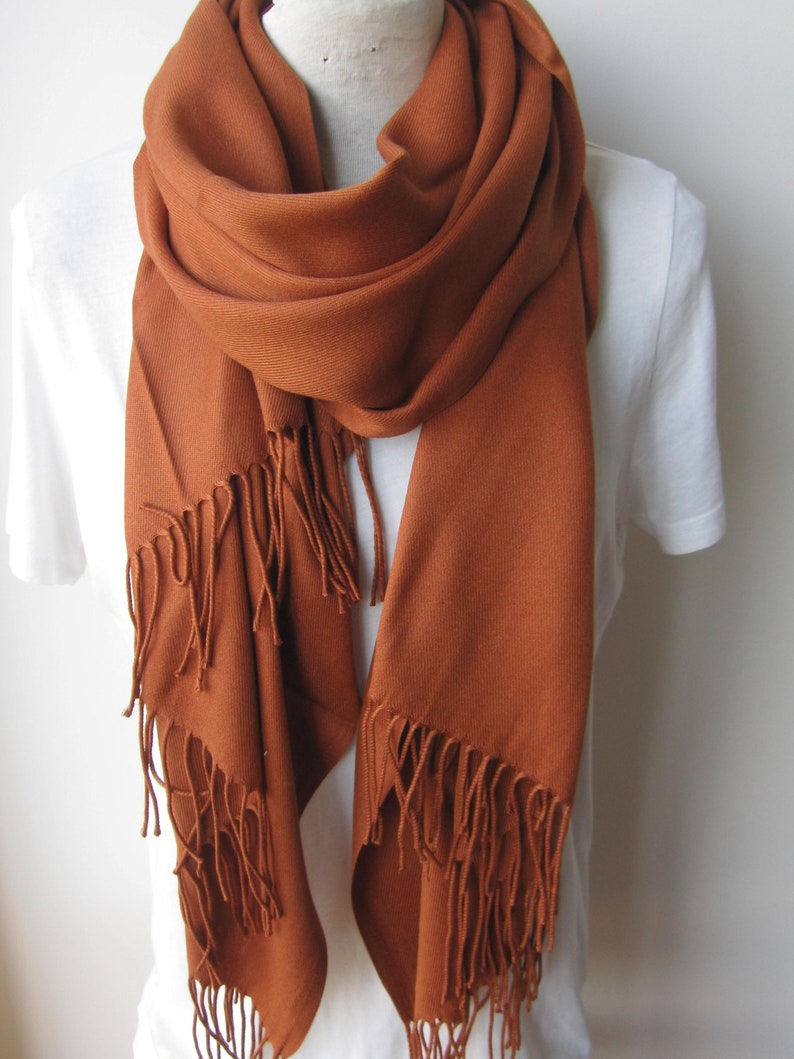 May include: A rust-colored pashmina scarf with long fringe tassels. The scarf is draped around a white shirt.