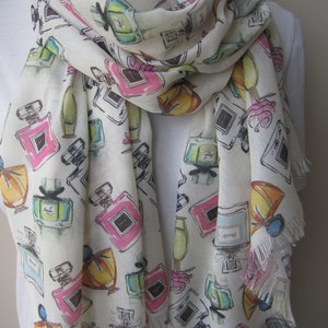 Parfum Bottles Print women Scarves- gift for her-mustard blue pink Perfume parfum makeup lover-beauty expert-2025 woman Fashion color trend