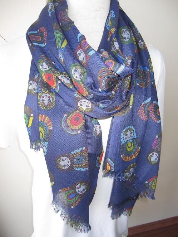 Matryoshka Doll Scarf, Russian Babushka Print, Cotton Gauze Linen
