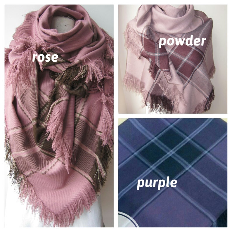 May include: Three plaid scarves with fringe edges in different colors: rose, powder, and purple.