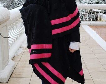 Poncho Oversized, zwart roze randstreep wollen flanellen deken sjaal damesmode wrap sjaal