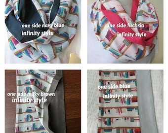 Bookshelf Print Infinity Scarf, Linen Gauze Book Lover Scarf