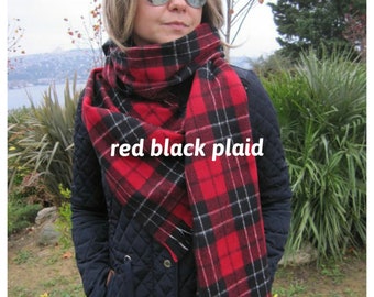Tartan Plaid Blanket Scarf, Wool Blend Flannel Shawl