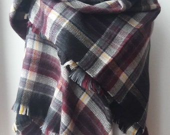 Scottish classic plaid blanket scarf- burgundy gray black-tartan plaid Flannel wrap shawl-man-woman-blanket scarf-2025 winter fashion-Turkey