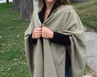 Groene geruite dekensjaal, oversized poncho van wolmix