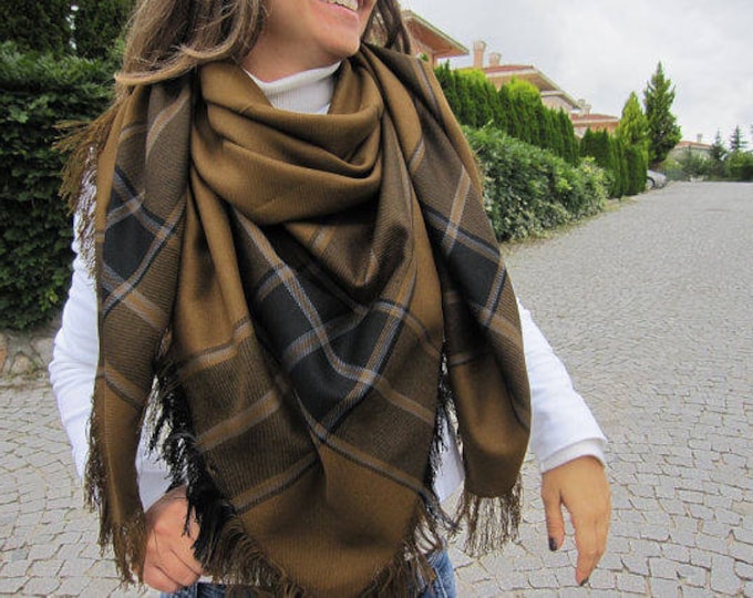 Mustard Tartan Plaid Blanket Scarf, Soft Flannel Shawl Wrap