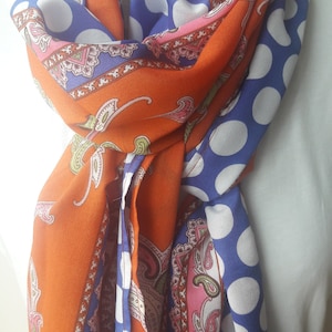 Women&#39;s scarves russet orange and blue scarf white polka dot print Woman fashion scarf paisley bridesmaid gifts Scarves women&#39;s Selectscarf