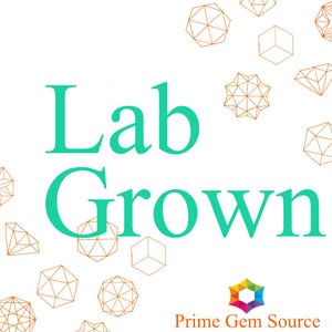 Pu&ograve; includere: Sfondo bianco con le parole "Lab Grown" in turchese. Forme geometriche dorate sparse attorno al testo. Il logo "Prime Gem Source" in basso, con una stella colorata.