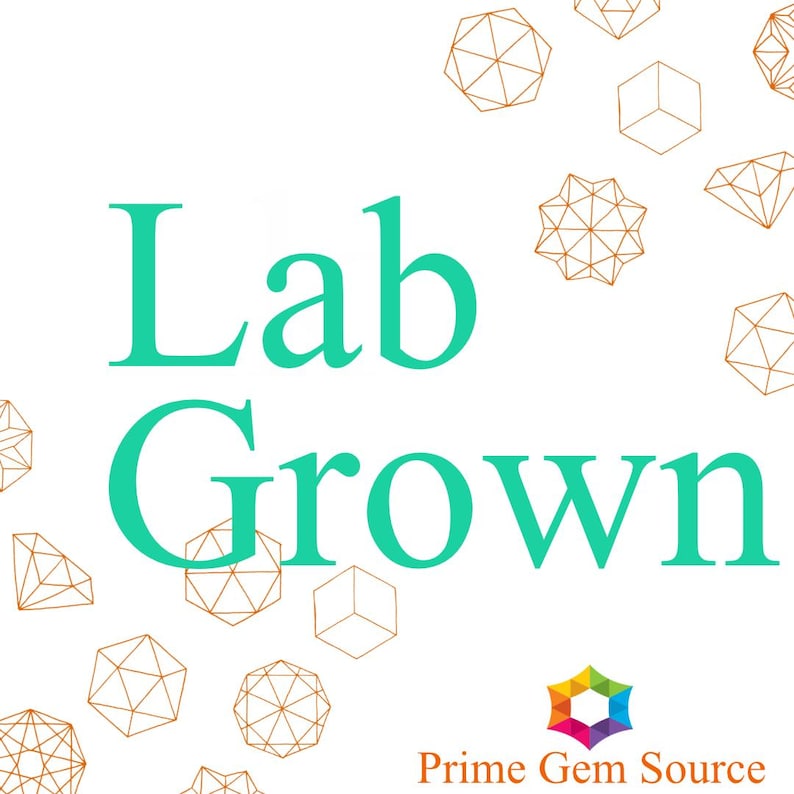 Pu&ograve; includere: Sfondo bianco con le parole "Lab Grown" in turchese. Forme geometriche dorate sparse attorno al testo. Il logo "Prime Gem Source" in basso, con una stella colorata.