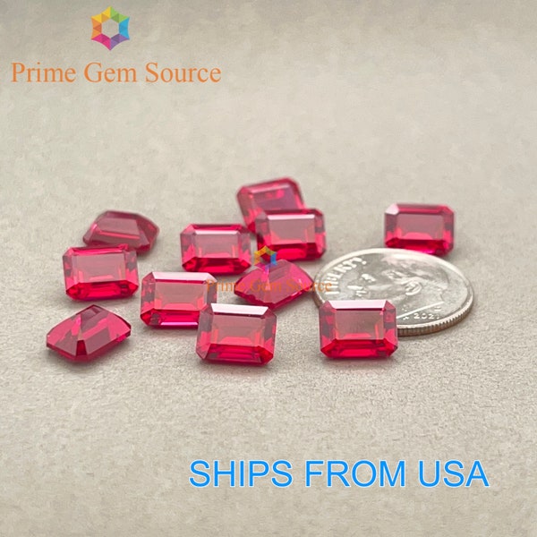 8x6mm Emerald Cut Red Lab Grown Ruby. Real Corundum. Premium AAA Quality - Excellent Cut & Polish. 1 Stone Only.