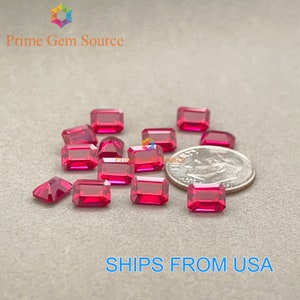 7x5mm Emerald Cut Red Lab Grown Ruby. Real Corundum. Premium AAA Quality - Excellent Cut & Polish. 1 Stone Only.
