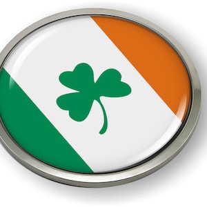 May include: A round, silver-colored pin with a green shamrock and the Irish flag colors: green, white, and orange.