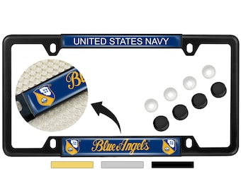 May include: A black license plate frame with the text "UNITED STATES NAVY" and "Blue Angels" in gold lettering. The frame includes a close-up of the Blue Angels logo and mounting hardware.