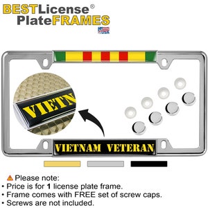 Thin Top 4 Hole Metal Car License Plate Frame with Free caps - Vietnam Veteran