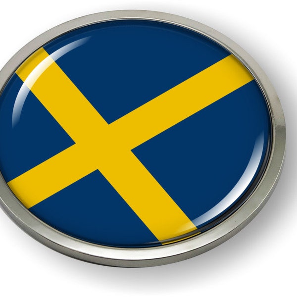 Sweden FLAG Car Emblem Badge [Sticker, Decal] Chrome ROUND Bezel and 3D Clear Doming Resin