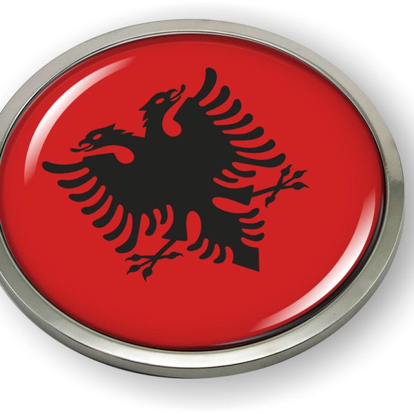 Albania FLAG Car Emblem Badge [Sticker, Decal] Chrome ROUND Bezel and 3D Clear Doming Resin