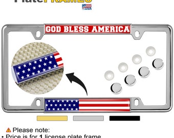 Thin Top 4 Hole Metal Car License Plate Frame with Free caps - God Bless America United States Flag