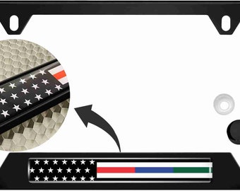 Stainless Steel Matte Black Corrosion-Resistant 2-Hole CAR License Plate Frame - Law Enforcement, Military and Fire Thin Line USA Flag