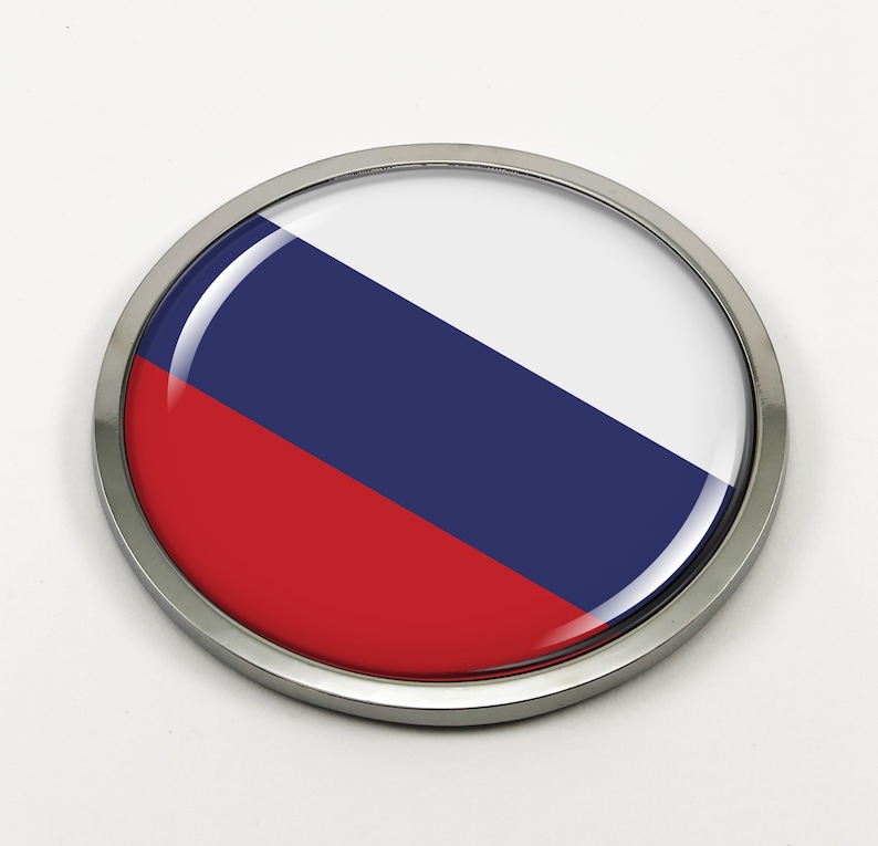 Sticker, Decal Russia FLAG Car Emblem Badge wo Chrome ROUND Bezel and 3D Clear Doming Resin