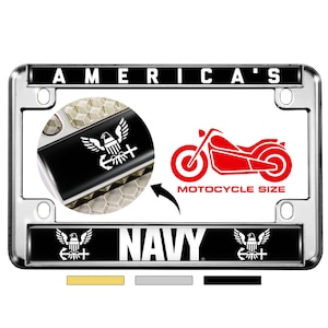 America&#39;s Navy with Eagle and Anchor logo [U.S. Army Officially Licensed Product] - MOTORCYCLE High Quality Metal License Plate Frame (b/w)