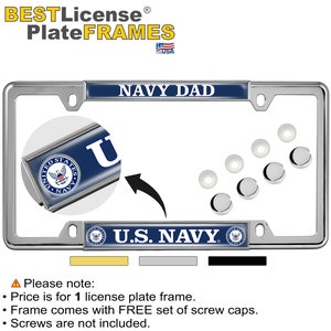 Thin Top 4 Hole Metal Car License Plate Frame with Free Caps - United States Navy Dad - [Officially Licensed Product]