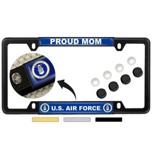 Thin Top 4 Hole Metal Car License Plate Frame with Free Caps - Proud Mom U.S. Air Force - [Officially Licensed Product]