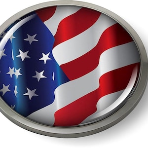 Peut inclure: Une épingle ronde argentée avec un design de drapeau américain rouge, blanc et bleu brillant.