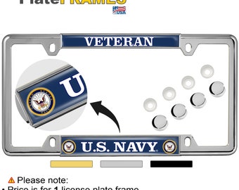 Thin Top 4 Hole Metal Car License Plate Frame with Free Caps - U. S. Navy Veteran Eagle and Anchor Logo - [Officially Licensed Product]