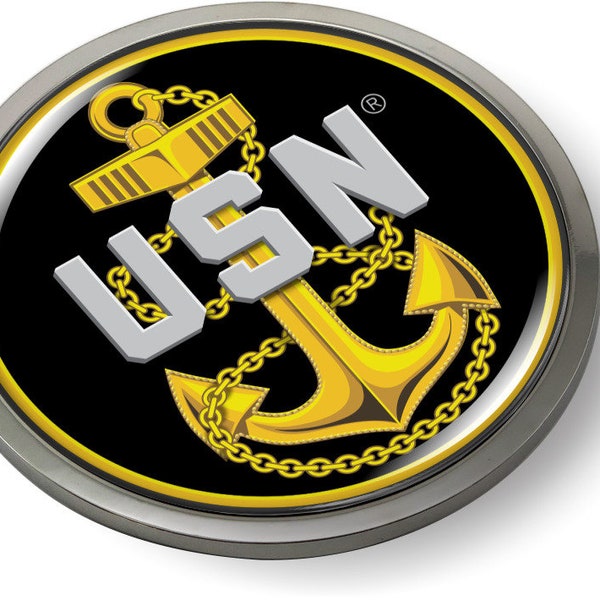 Officially Licensed Product - U.S. NAVY Chief Fouled Anchor (USN) 3D Domed Emblem Badge Car Sticker Chrome Round Bezel