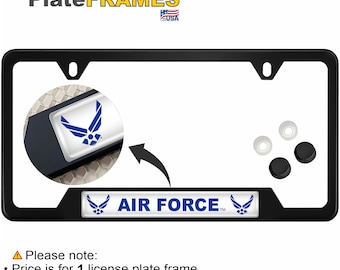 Stainless Steel Matte Black Corrosion-Resistant Powder Coated CAR License Plate Frame - US Air Force Symbol - [Officially Licensed Product]