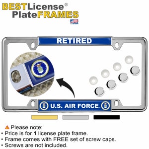 Thin Top 4 Hole Metal Car License Plate Frame with Free caps - Retired U.S. Air Force - [Officially Licensed Product]