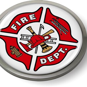 May include: A red, white, and black fire department emblem with a fire hydrant, axe, ladder, and a fireman's helmet. The emblem says "FIRE DEPT."