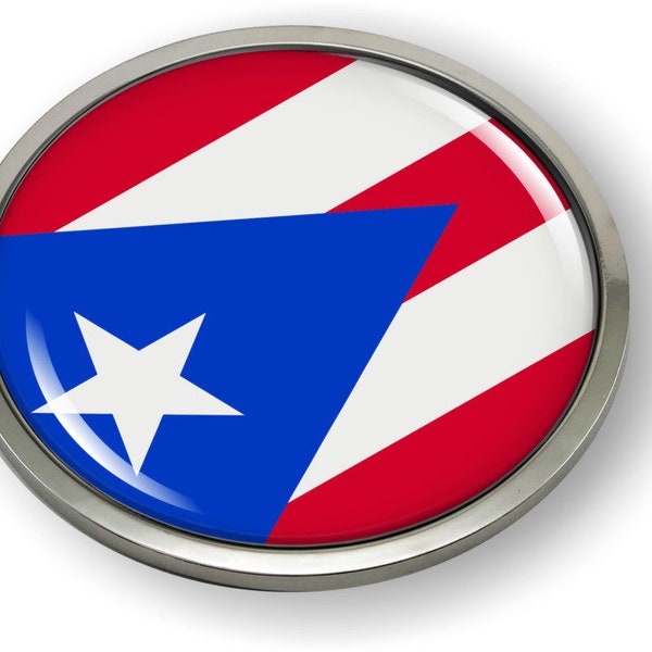 Puerto Rico FLAG Car Emblem Badge [Sticker, Decal] Chrome ROUND Bezel and 3D Clear Doming Resin