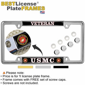 May include: Chrome license plate frame with a black background and the word "VETERAN" in red letters. The frame also features a USMC logo and the words "USMC" in white letters. The frame comes with a set of 5 screw caps.