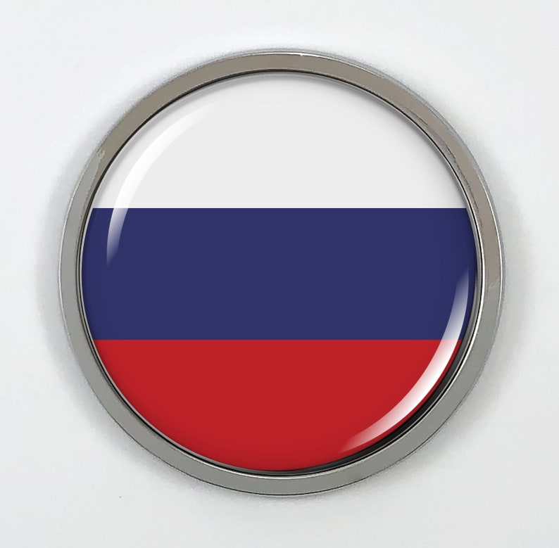 Sticker, Decal Russia FLAG Car Emblem Badge wo Chrome ROUND Bezel and 3D Clear Doming Resin