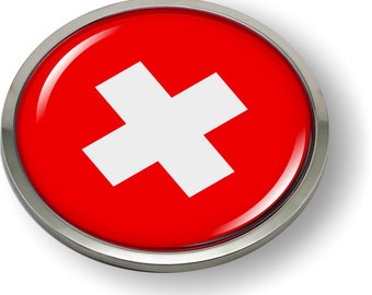 Switzerland FLAG Car Emblem Badge [Sticker, Decal] Chrome ROUND Bezel and 3D Clear Doming Resin