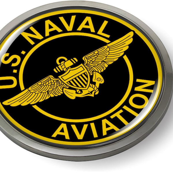 Officially Licensed Product - U.S. NAVAL AVIATION with Gold Navy Aviator Wings 3D Domed Emblem Badge Car Sticker Chrome Round Bezel