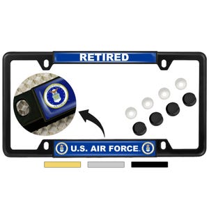 Thin Top 4 Hole Metal Car License Plate Frame with Free caps - Retired U.S. Air Force - [Officially Licensed Product]