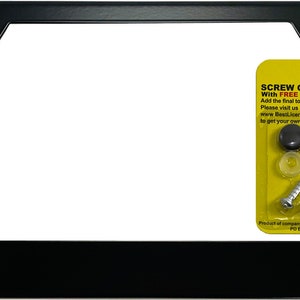 May include: Black metal license plate frame with a yellow package of screw caps and screws. The package says "SCREW CAPS with FREE Bonus Set of Screws!" and includes the website "BestLicensePlateFrames.com".