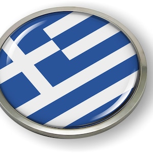 Greece FLAG Car Emblem Badge [Sticker, Decal] Chrome ROUND Bezel and 3D Clear Doming Resin