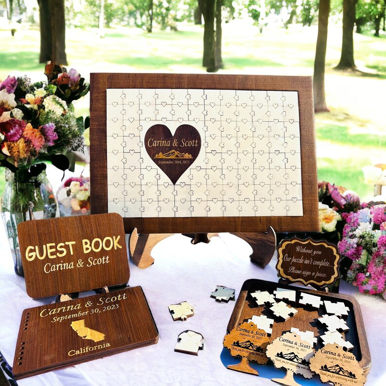 A photo of a personalized wooden wedding guest book puzzle

Custom wooden wedding guest book with customizable names and date. Features Walnut wood-colored frame (Rectangle) and middle (Heart )  section. Puzzle pieces designed with natural color.