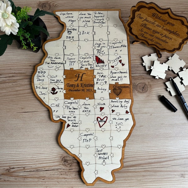 Rustic Wedding Puzzle Guest Book - Personalized Map State Wood Decor
