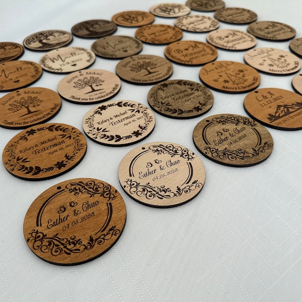 Custom Wood Ornaments Set of 50/100/200 - Bulk Wedding Favors for Guests, Family Reunion Gifts