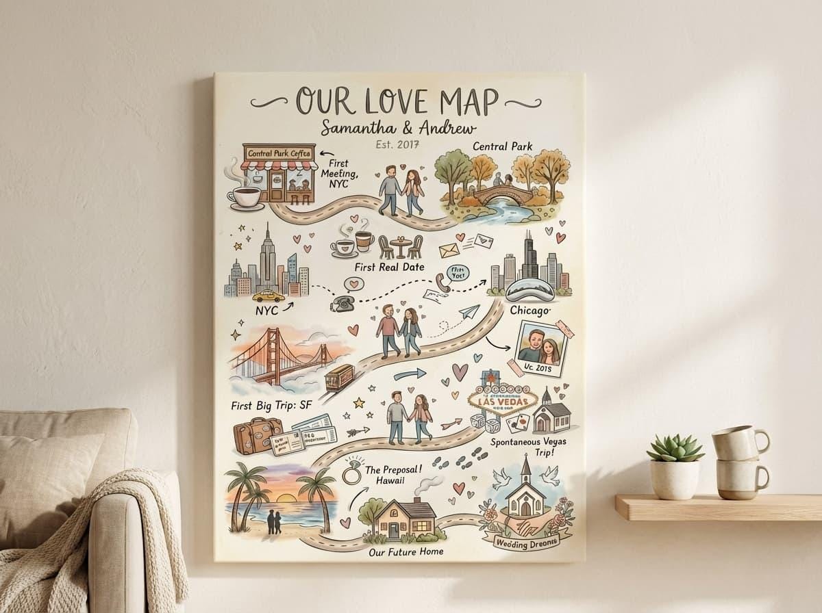 Hand Illustrated Love Map Canvas