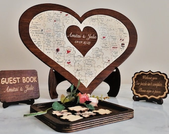 Guest Book Alternative Wedding - Wooden Walnut Frame Heart Puzzle Guestbook - Piece Together Special Day Memories with Personalized Puzzle