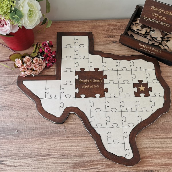 Rustic Wood Wedding Puzzle Guest Book - Personalized Jigsaw Sign Decor