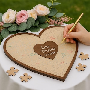 Rustikales Hochzeits-Gästebuch Puzzle: Holzherz als Dekoration, einzigartiges Gästebuch