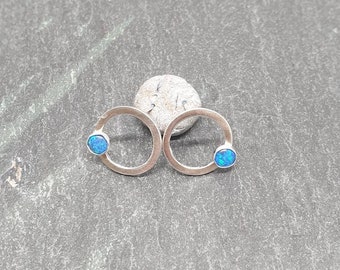 Sterling silver studs, blue opal studs, circle studs, stud earrings